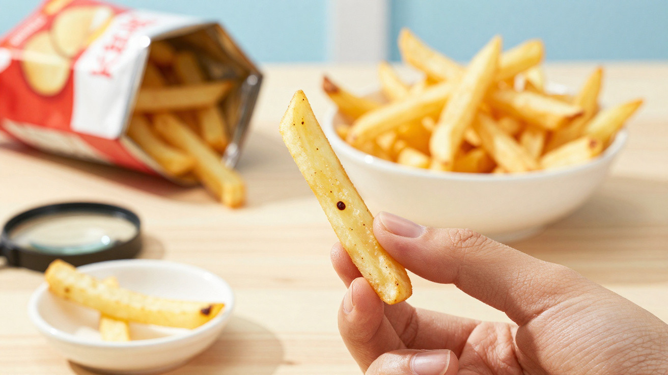 Mão a segurar batata frita, com mais batatas em tigela, prato e embalagem no fundo.