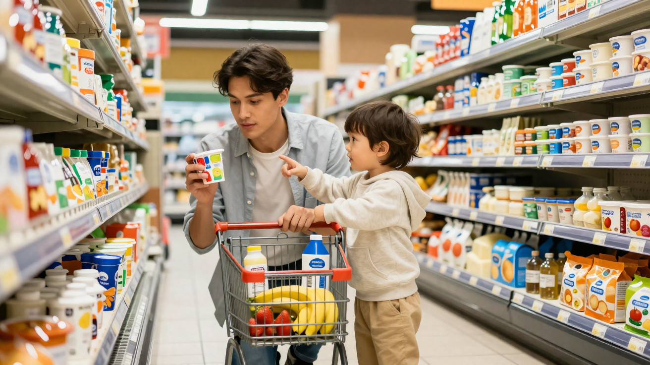 Homem e menino com carrinho a escolher iogurte na secção de produtos frescos do supermercado.