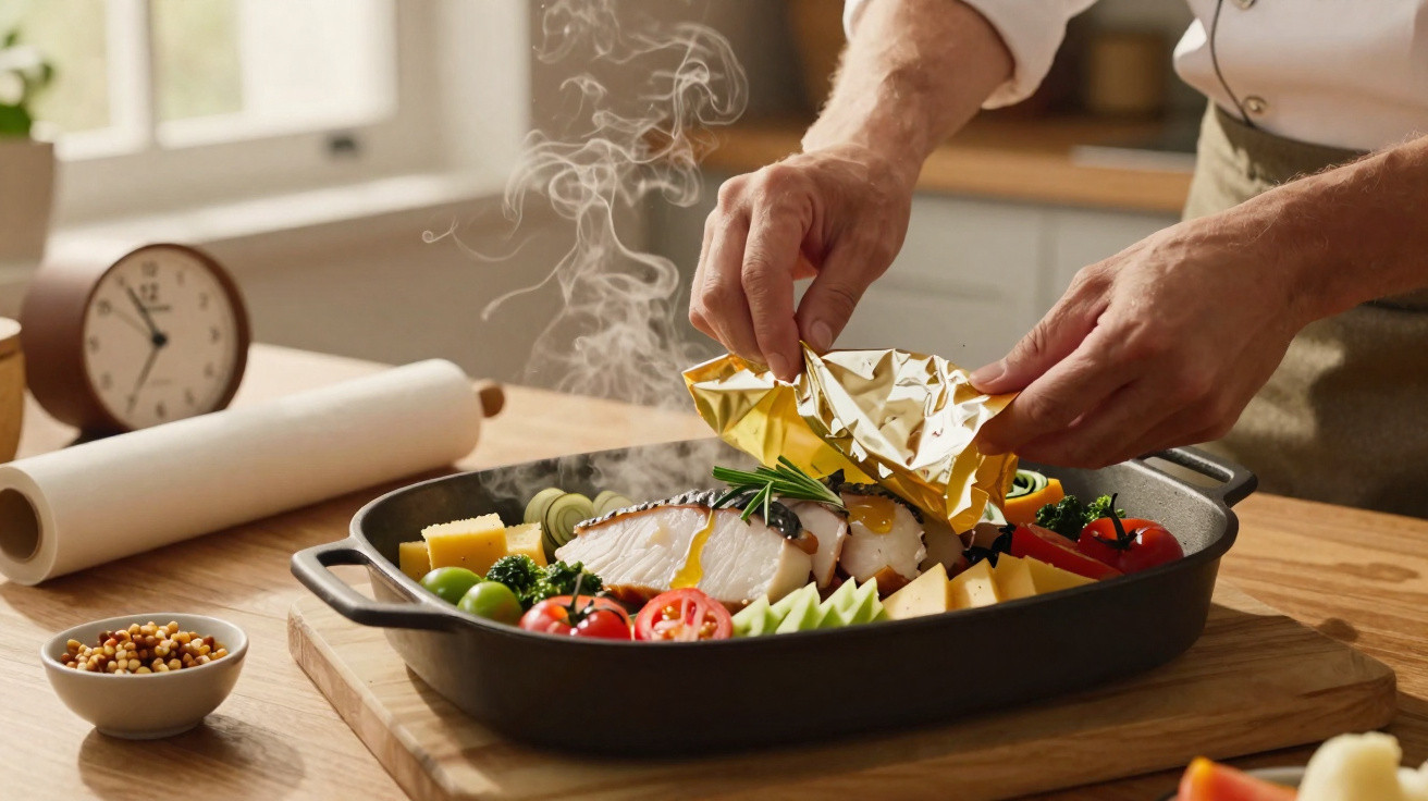 Pessoa a destapar travessa com comida saudável e fresca numa cozinha iluminada.