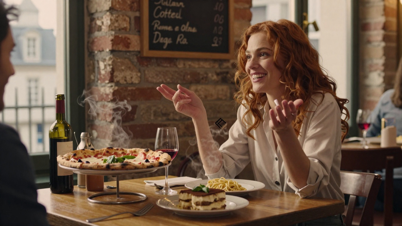 Mulher ruiva sorridente a conversar num restaurante com comida italiana e copo de vinho à mesa.
