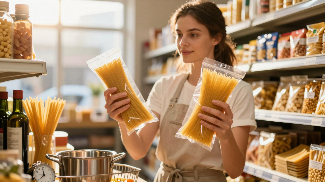 Mulher numa mercearia a segurar dois pacotes de esparguete, rodeada por produtos alimentares nas prateleiras.