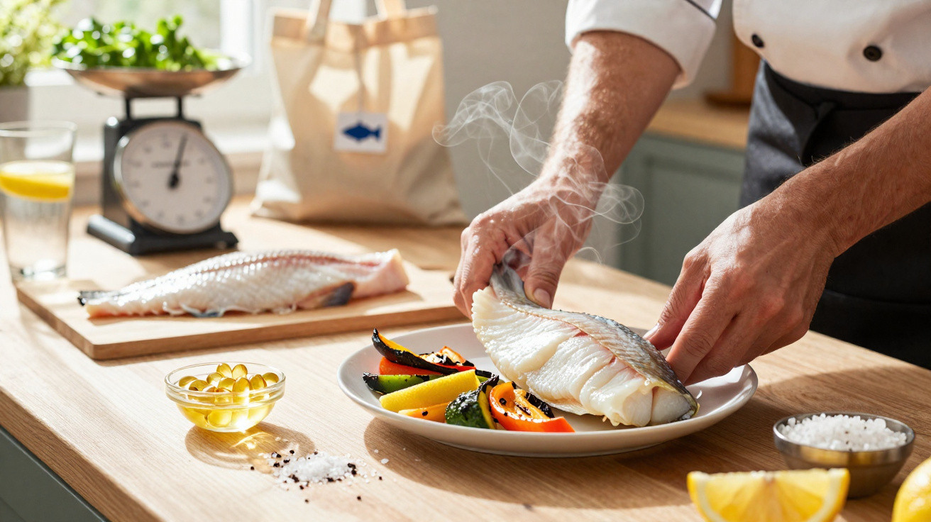 Chef a servir peixe cozinhado com legumes grelhados num prato branco numa cozinha iluminada.