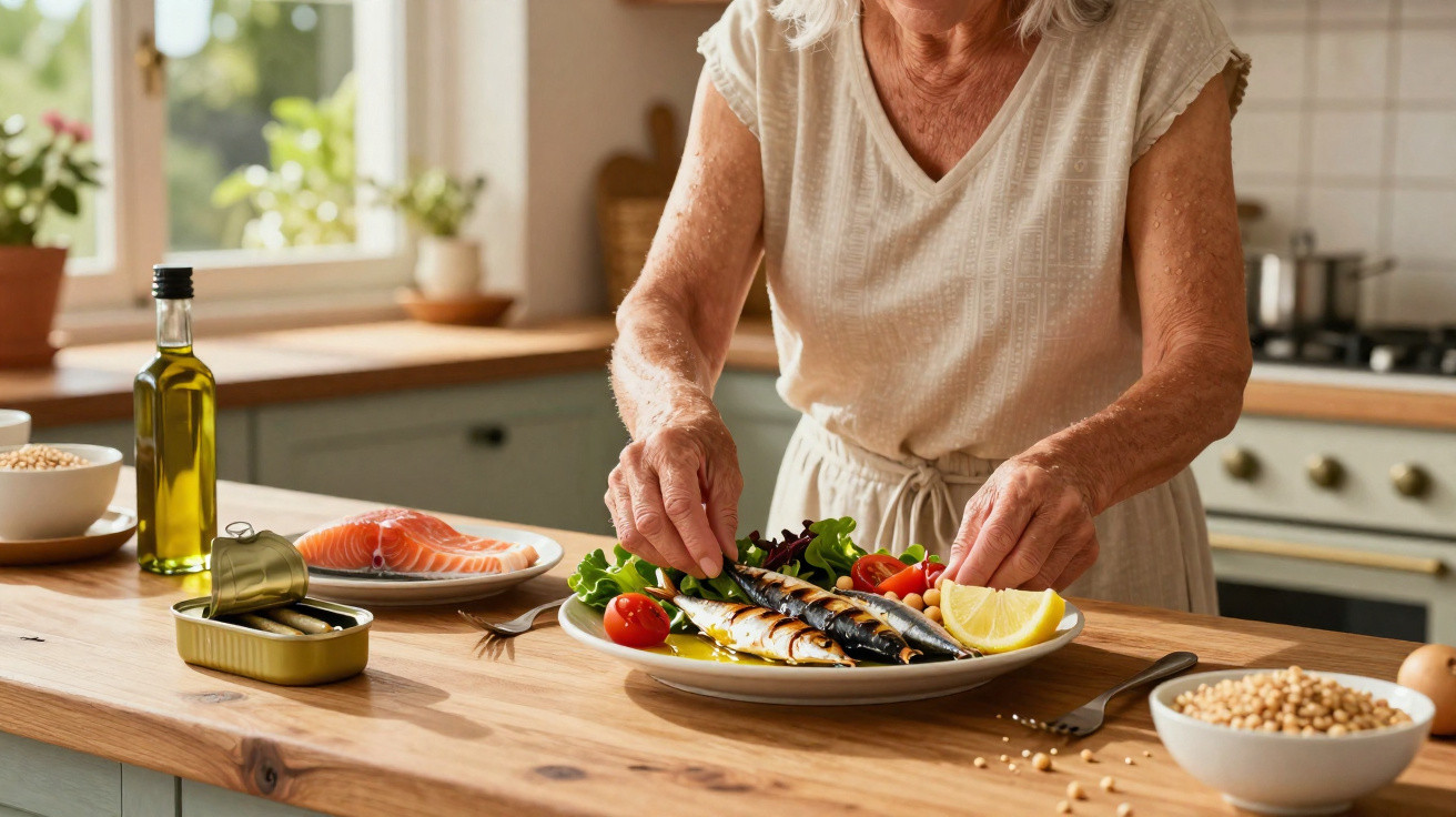 Pessoa idosa a preparar prato com peixe grelhado, legumes e limão numa cozinha luminosa.