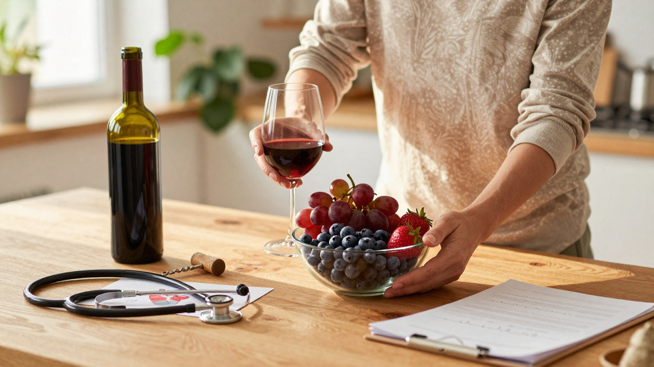 Pessoa segurando taça de vinho tinto e tigela com frutas frescas numa mesa com estetoscópio e garrafa.