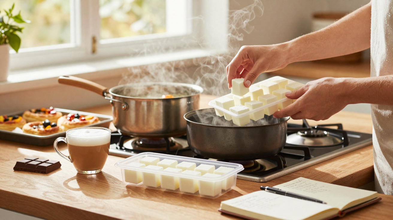 Pessoa a adicionar cubos de manteiga numa frigideira numa cozinha com utensílios e bebidas sobre a bancada.