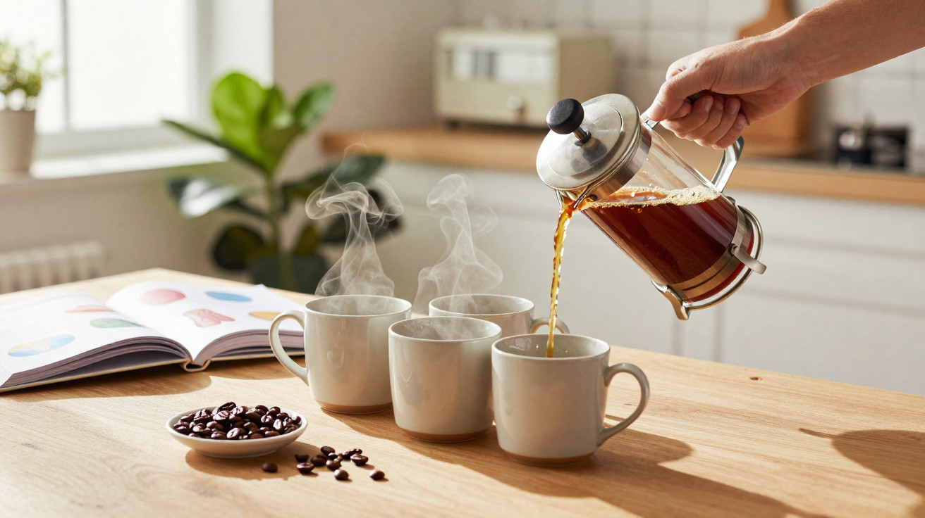 Cálice a ser preenchido com café quente de prensa francesa sobre mesa com três chávenas e grãos de café.