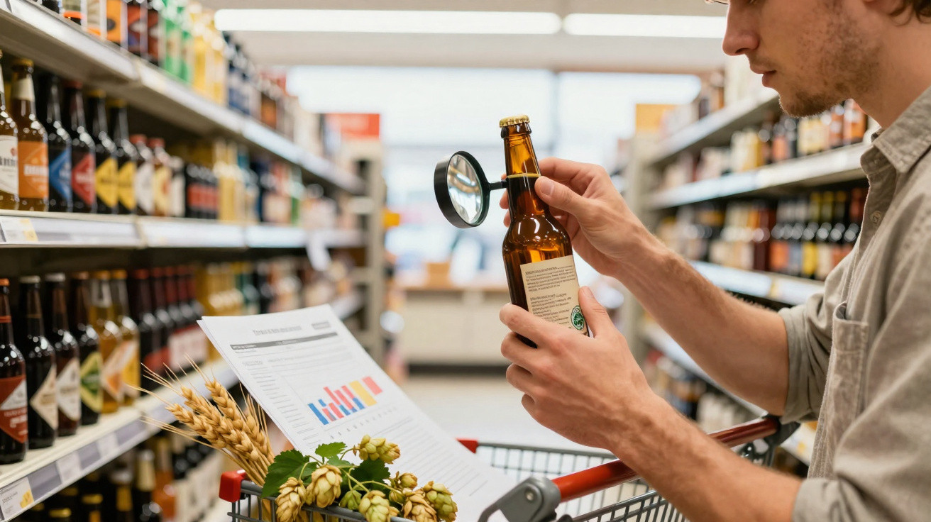 Homem com lupa lê rótulo de cerveja em supermercado rodeado de prateleiras e carrinho com ingredientes.