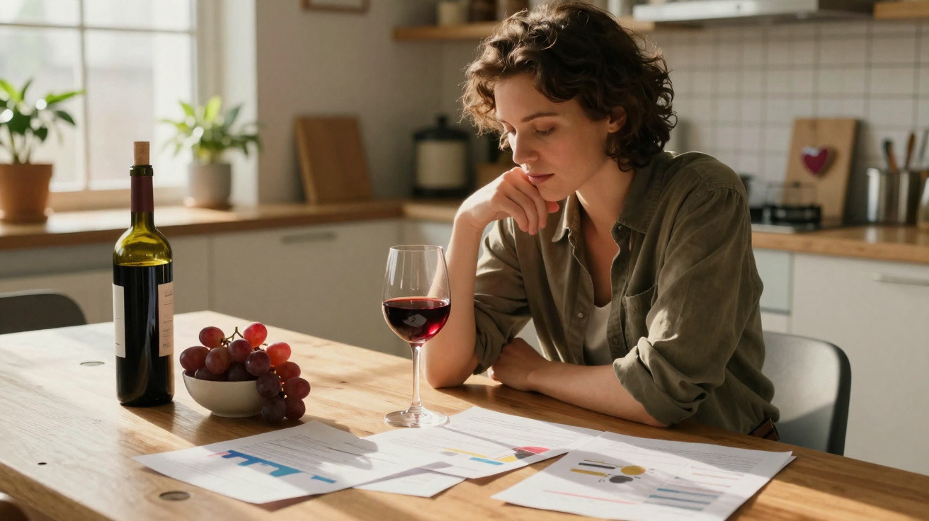 Mulher sentada a olhar para gráficos numa mesa com copo de vinho, garrafa e tigela de uvas.