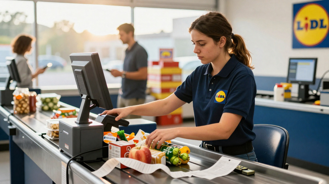 Funcionária do Lidl a processar compras na caixa com clientes em segundo plano.