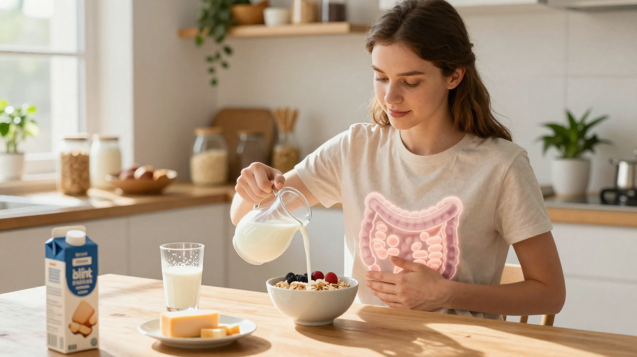 Mulher a verter leite num prato de cereal com ilustração do sistema digestivo sobreposta ao peito.