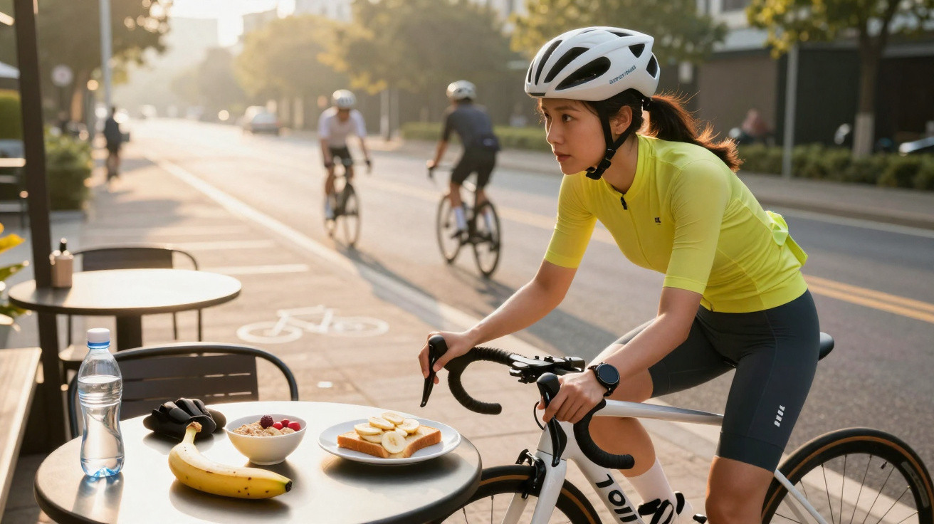 Mulher de capacete e roupa de ciclismo pousa bicicleta ao lado de mesa com comida junto a ciclovia urbana.