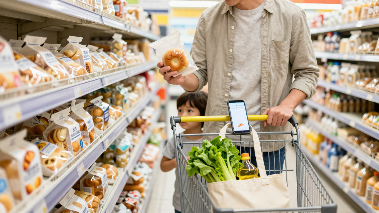 Homem com criança no supermercado a escolher pão com carrinho de compras cheio de legumes e óleo.