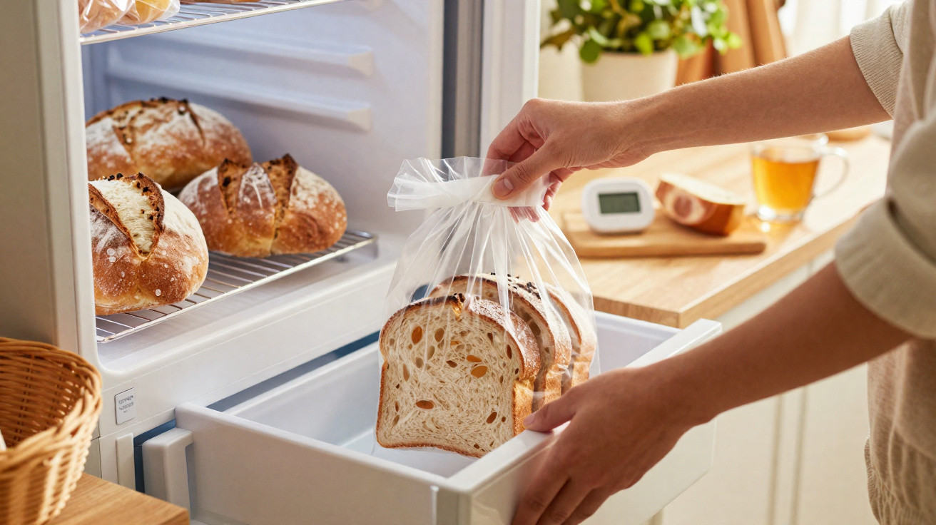 Mãos a colocar fatias de pão embaladas em saco plástico numa gaveta frigorífica, com pães à esquerda.