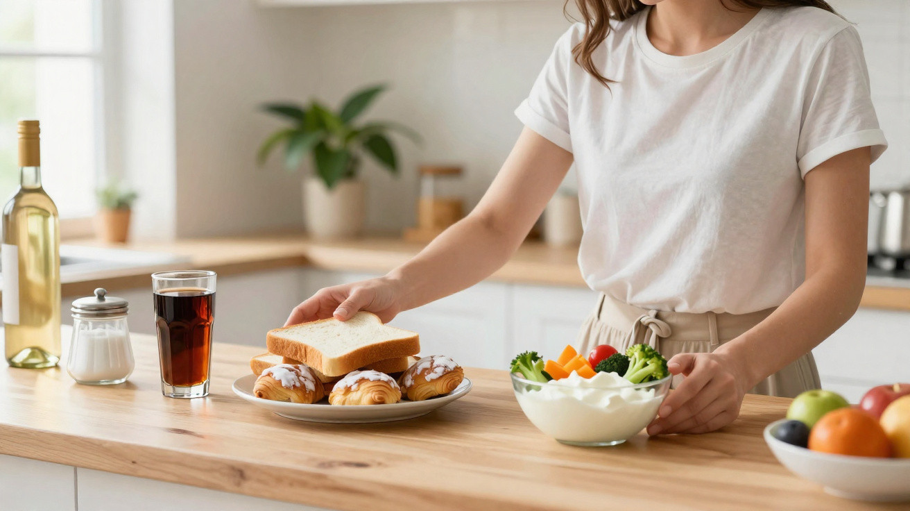 Pessoa a servir pão e croissants num prato, com copo de refrigerante, garrafa de vinho e taça de vegetais na mesa da cozinha.