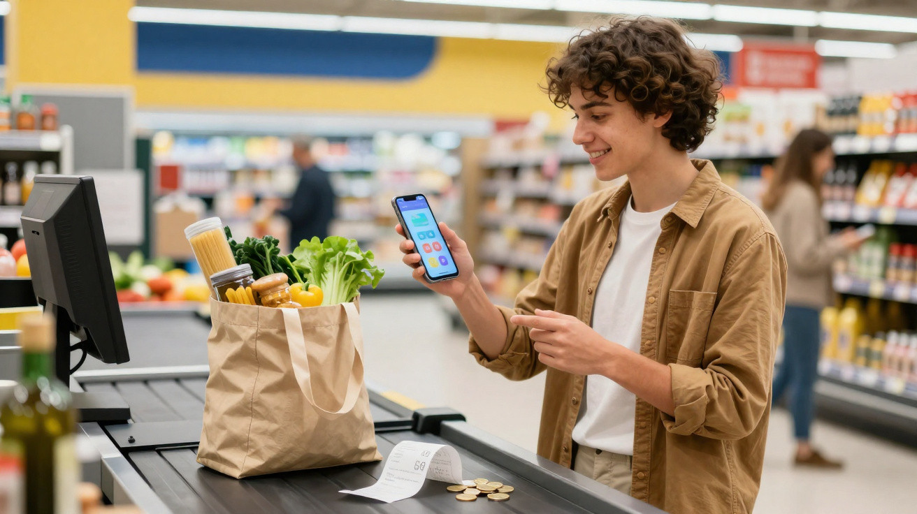 Jovem a usar app de pagamento no telemóvel no supermercado com sacola cheia de legumes na caixa.