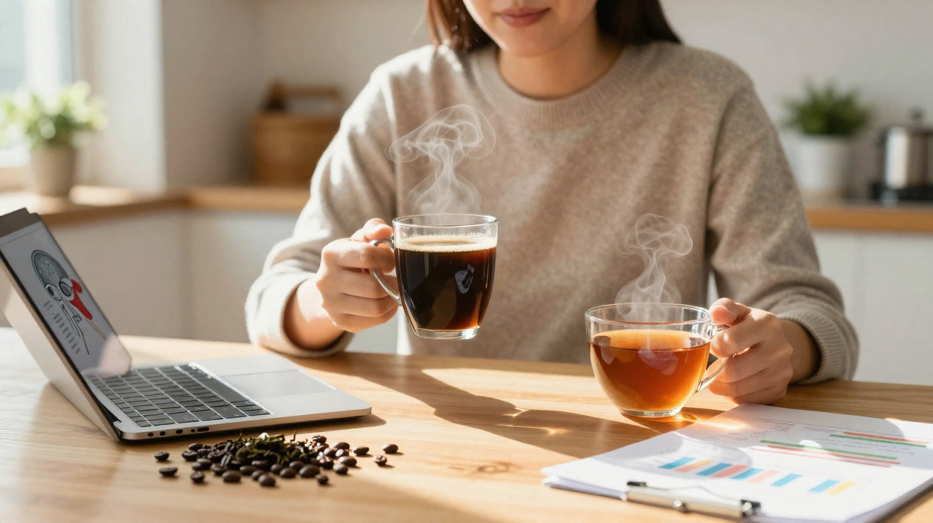 Pessoa segurando chá e café quente perto de computador portátil e gráficos numa mesa de madeira.