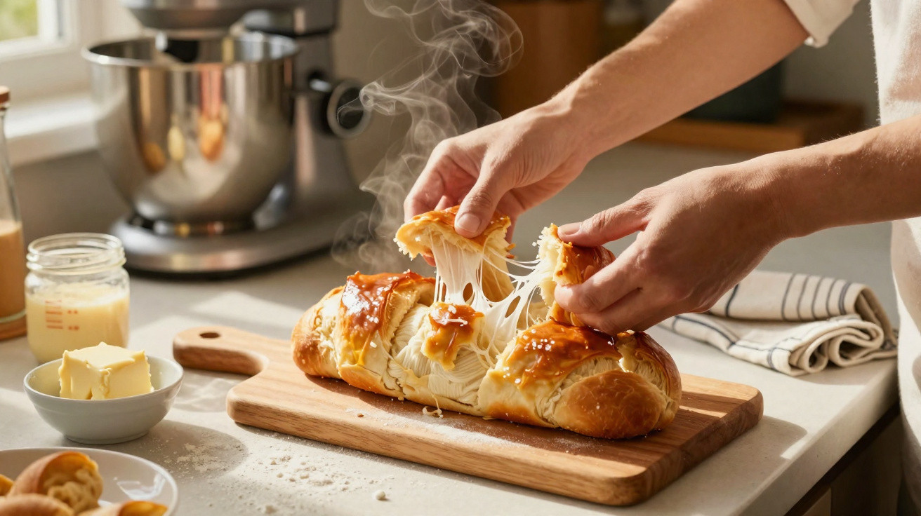 Pessoas partem pão recheado com queijo derretido em cima de uma tábua de madeira na cozinha.