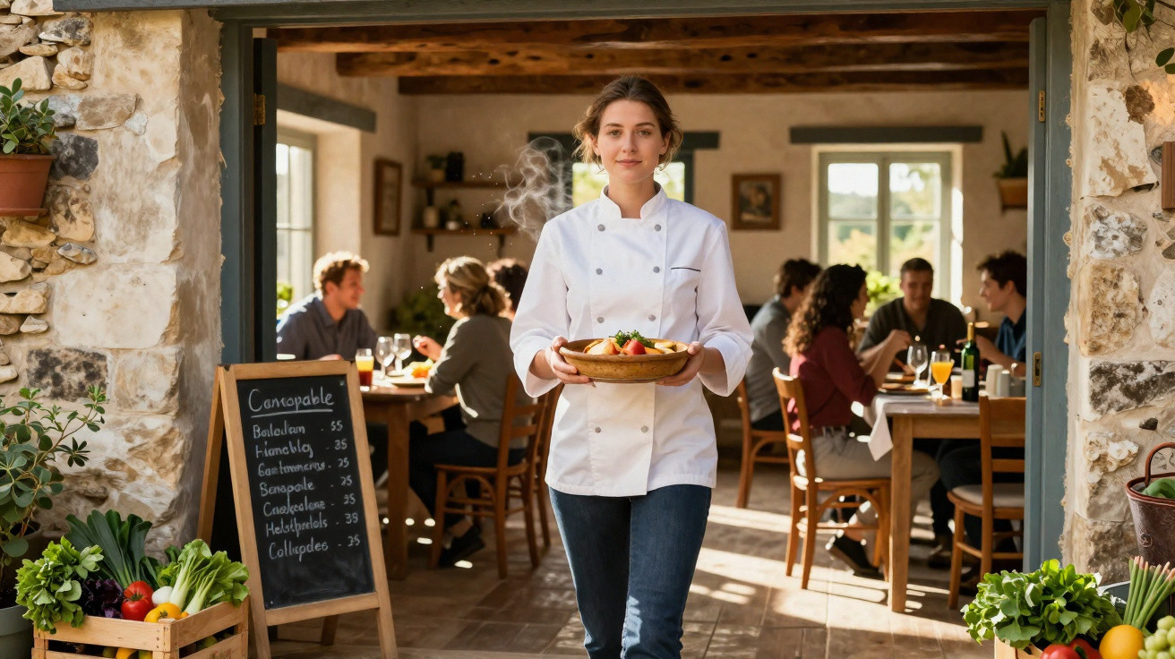 Chef feminina com bata branca a servir prato quente num restaurante acolhedor com clientes ao fundo.