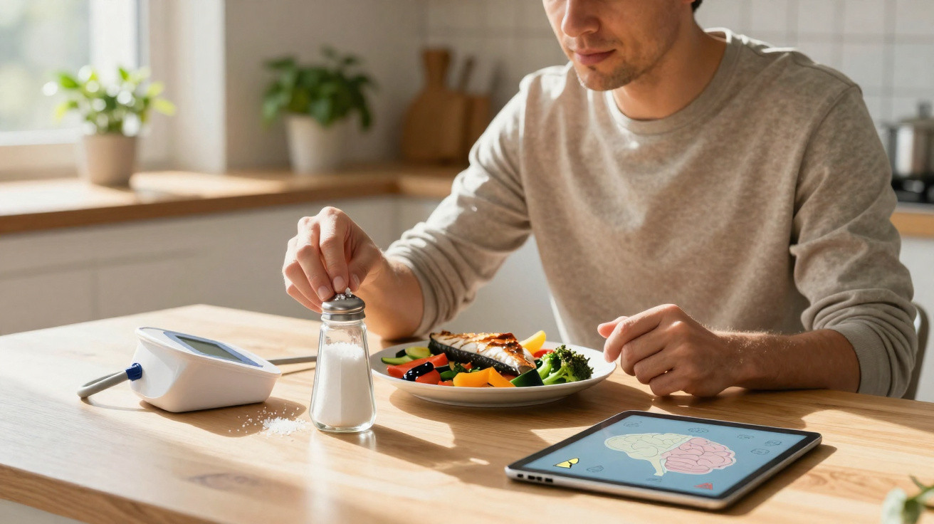 Homem a temperar salada saudável com sal numa cozinha iluminada junto a aparelho de medição e tablet.