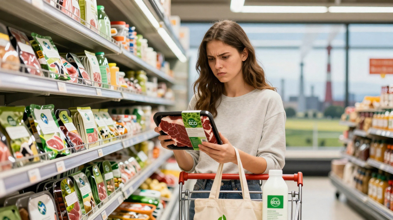 Mulher jovem no supermercado a analisar embalagem de carne ecológica, com carrinho e saco reutilizável.