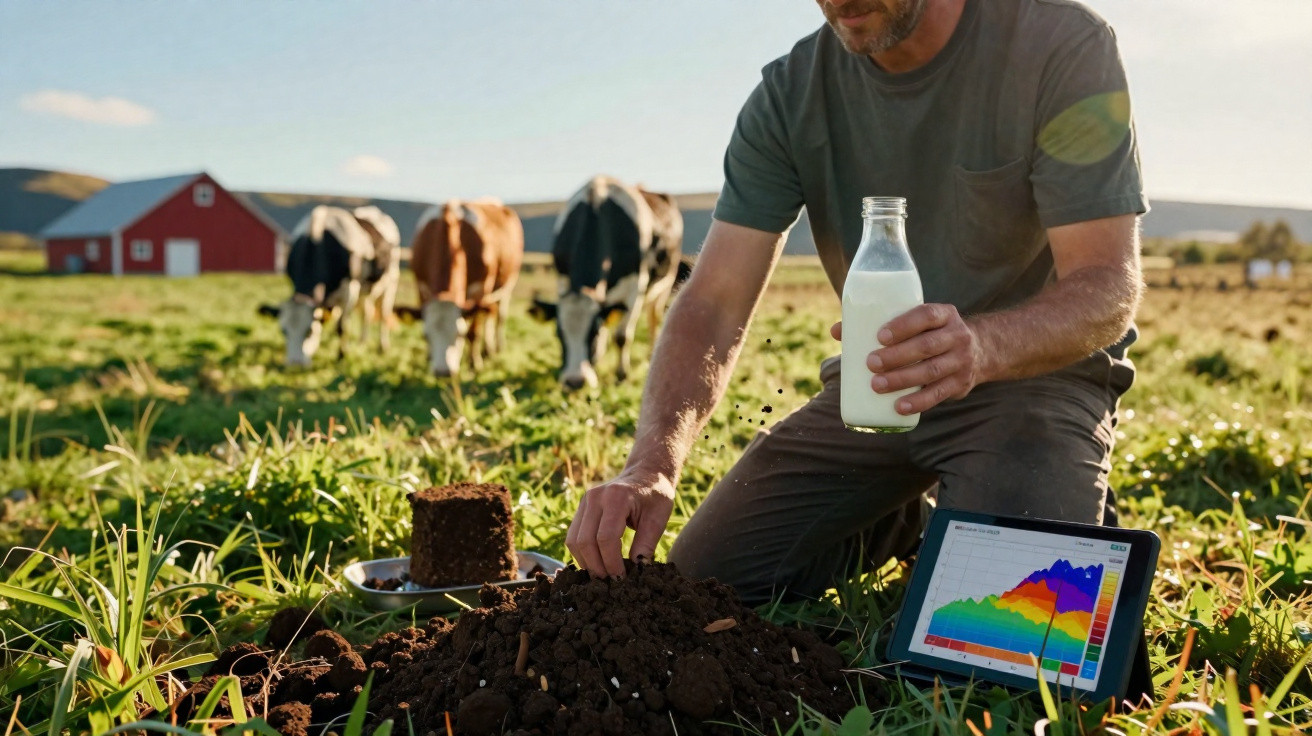 Homem numa quinta com vacas ao fundo, segurando leite e analisando terra e dados num tablet.