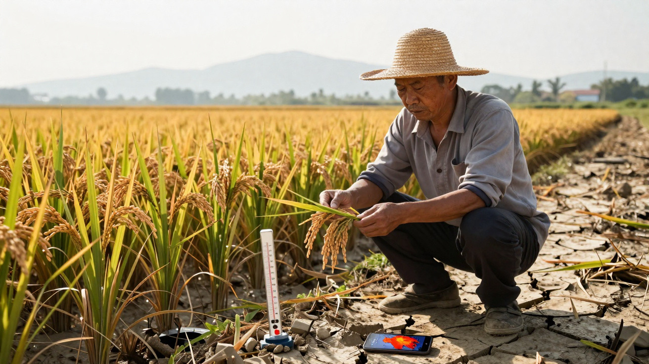 Agricultor asiático com chapéu de palha examina planta de arroz num campo seco com instrumentos de medição.