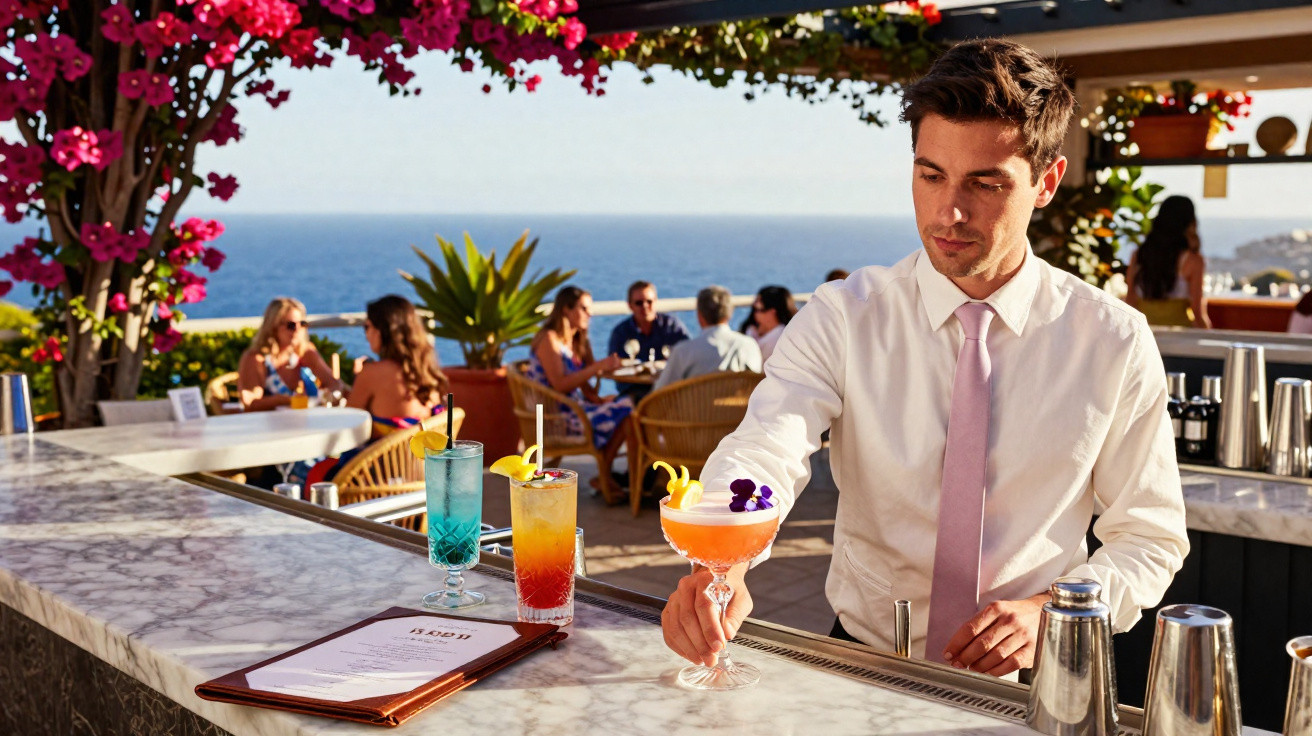 Empregado serve cocktail num bar ao ar livre com vista para o mar e clientes ao fundo.