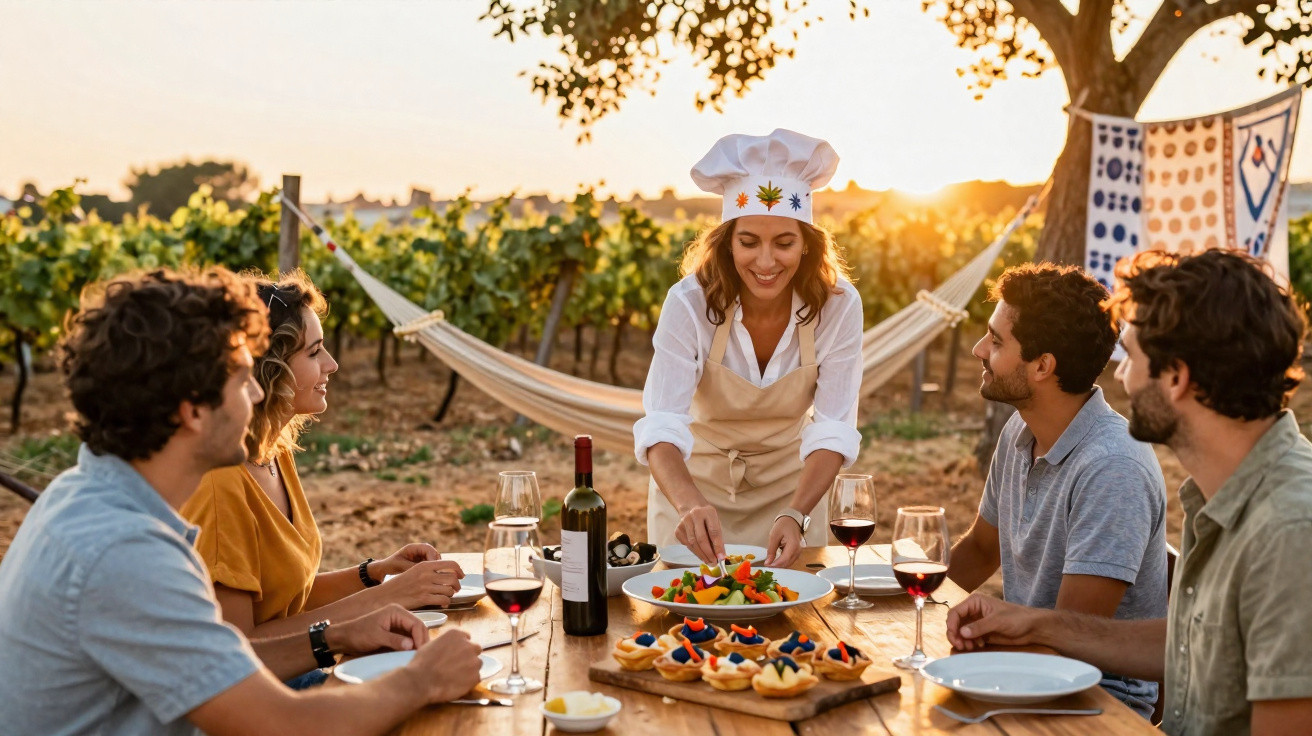 Grupo de amigos a jantar ao ar livre numa vinha, com mulher a servir salada e copos de vinho tinto na mesa.
