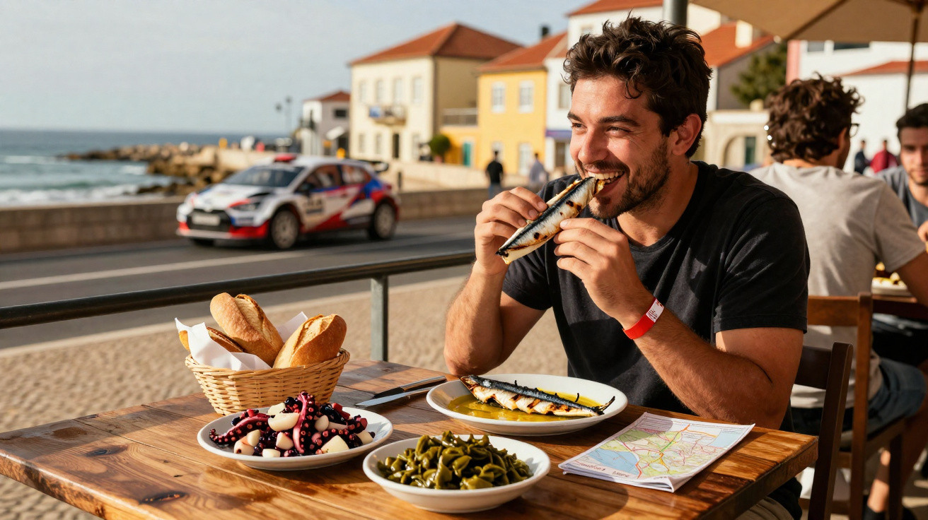 Homem a comer peixe grelhado em esplanada junto ao mar com pratos de marisco e pão na mesa.