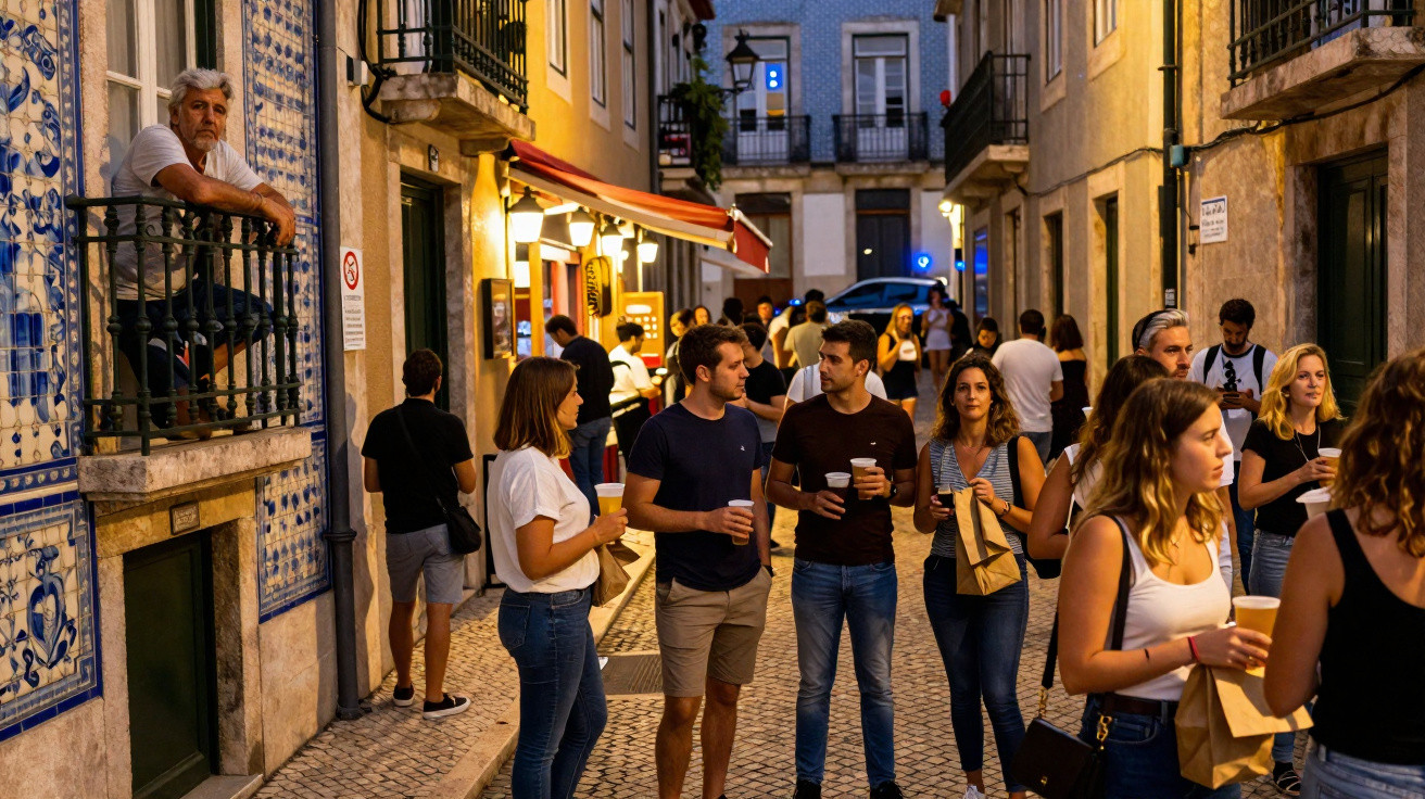 Rua estreita com pessoas a socializar ao final da tarde, parede com azulejos tradicionais portugueses.