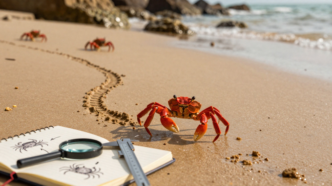 Caranguejo vermelho na praia com pegadas na areia, bloco de notas com desenhos e lupa ao lado.