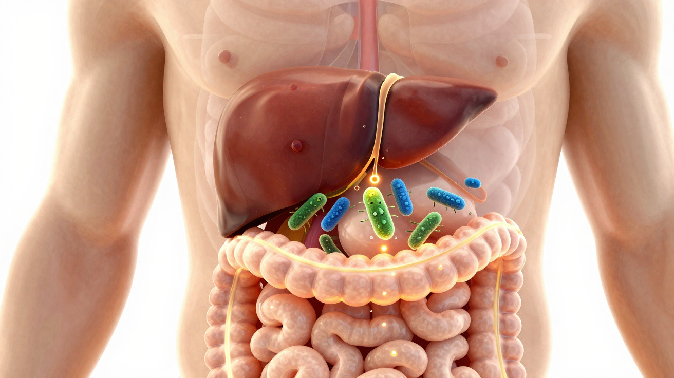 Ilustração do fígado e intestinos humanos com bactérias coloridas representando a microbiota intestinal.