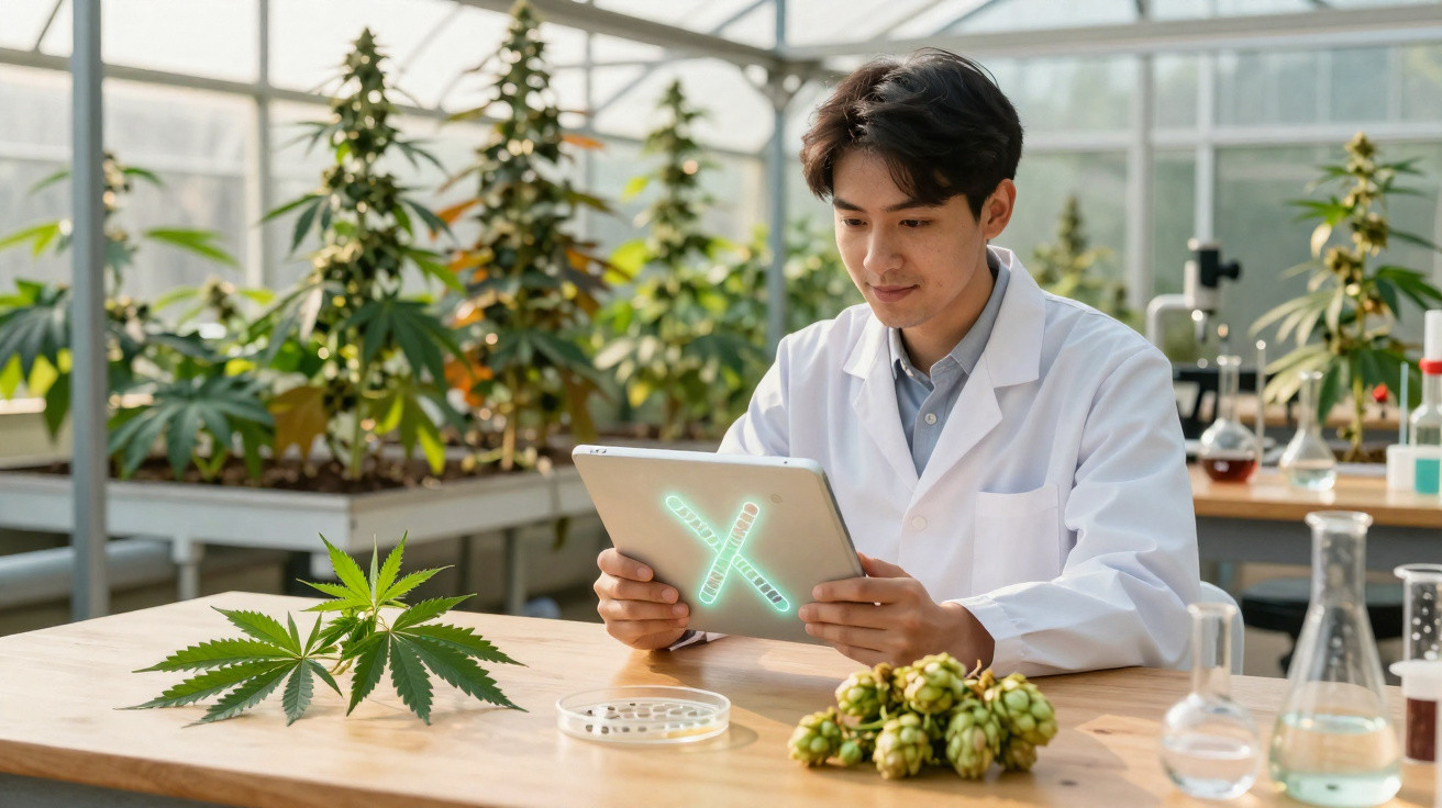 Homem em bata branca analisa planta em tablet num laboratório com diversas plantas e equipamentos científicos.