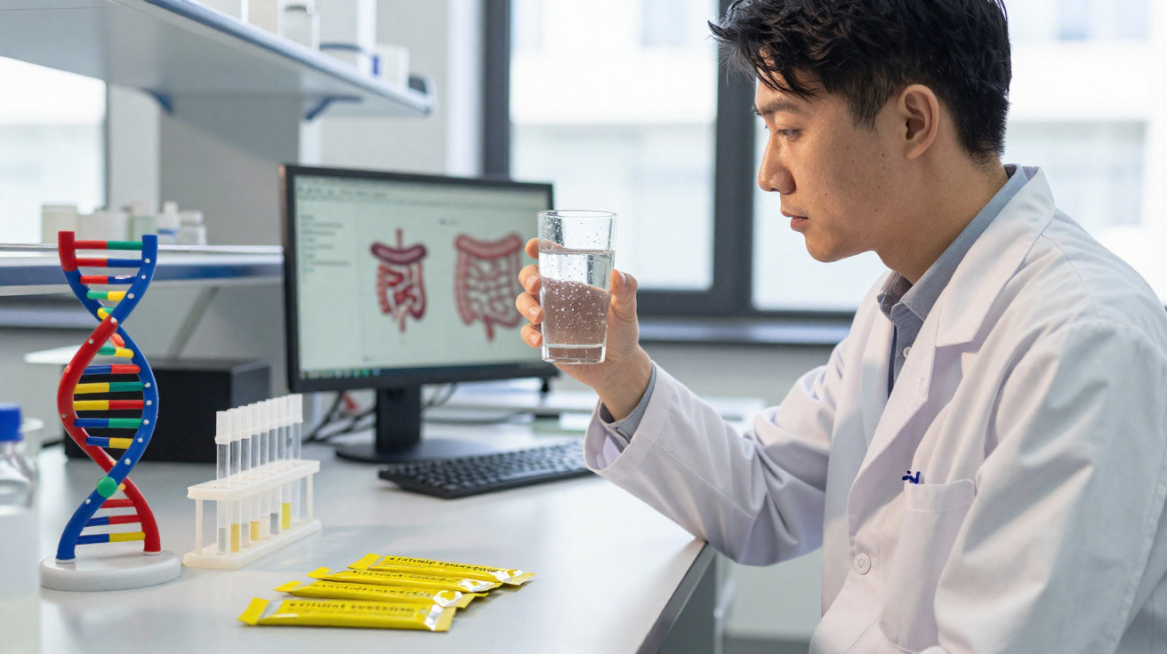 Cientista com bata branca num laboratório, segurando copo de água, com modelo de DNA e ecrã de intestinos ao fundo.