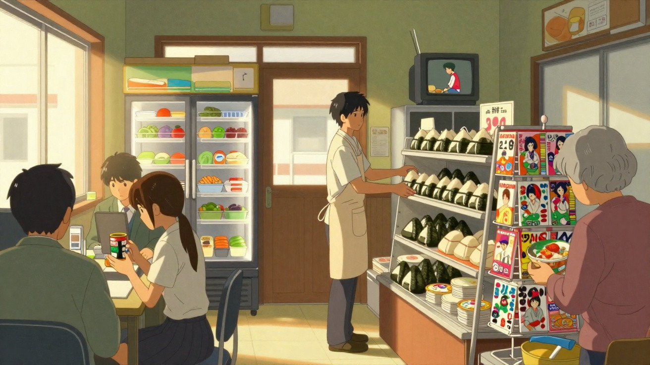 Interior de uma pequena loja japonesa com clientes, empregado a organizar onigiris e frigorífico cheio de comida.