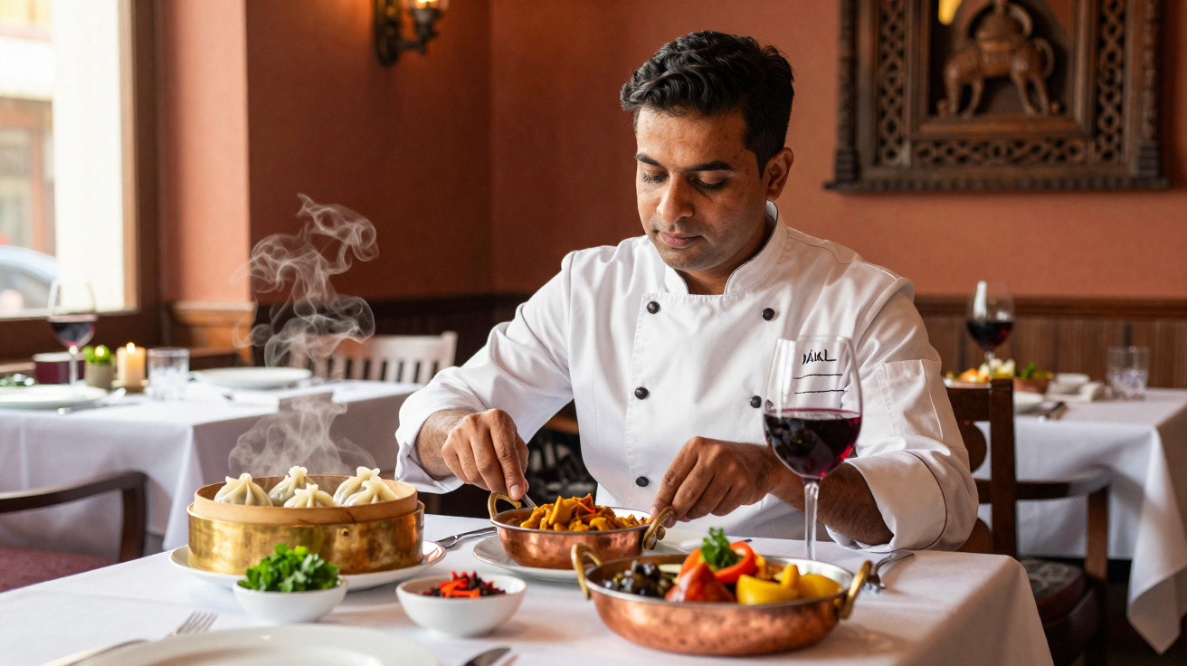 Chef indiano a servir prato com comida tradicional num restaurante elegante, com mesa posta e copo de vinho.