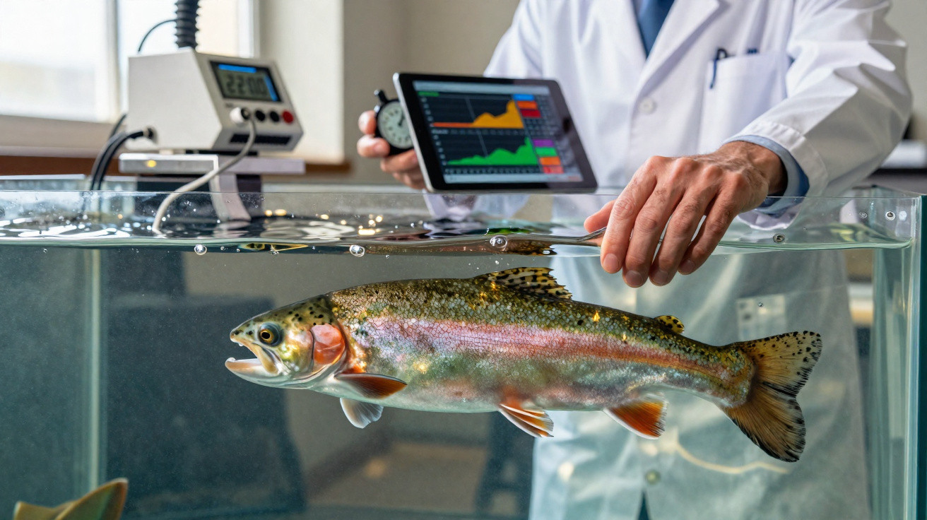 Cientista em laboratório controla peixe numa água com medidor digital e gráfico num tablet ao fundo.