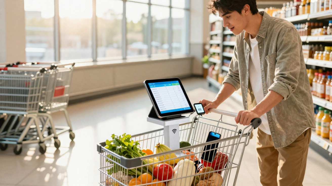 Jovem a usar carrinho de compras com leitor digital e ecrã para scan de produtos num supermercado moderno.