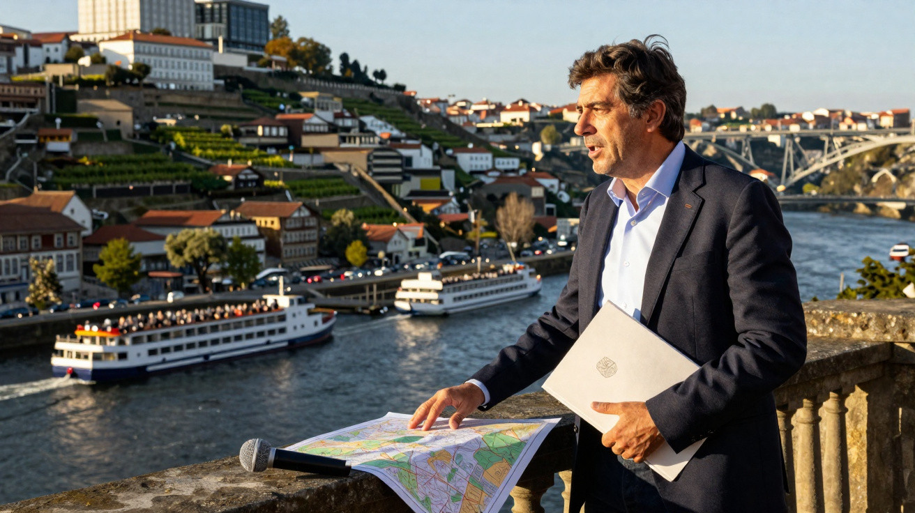 Homem de fato observando mapas junto ao rio Douro, com barcos e edifícios ao fundo, Porto.