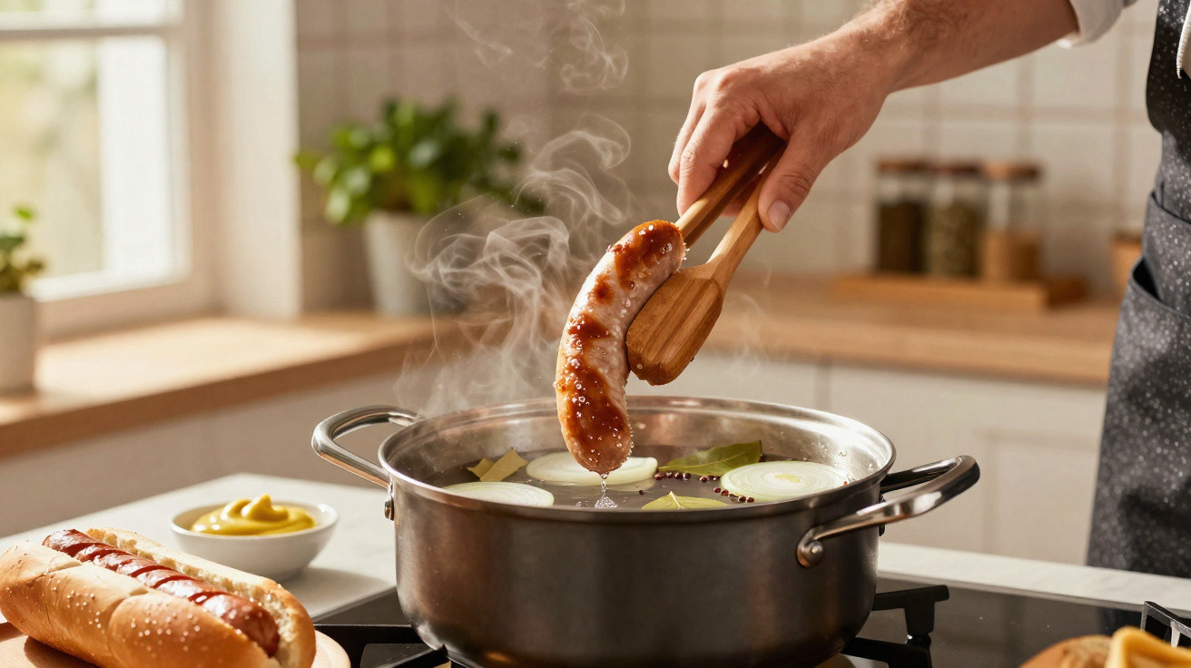 Pessoa a cozinhar salsicha fumegante numa panela com cebola e especiarias numa cozinha iluminada.