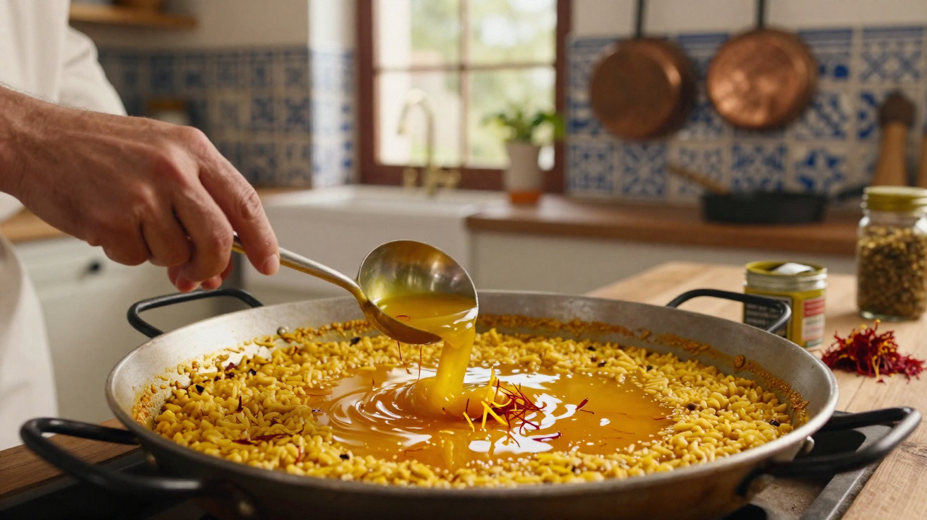 Pessoa a deitar caldo numa grande panela de paelha com arroz e fios de açafrão numa cozinha tradicional.