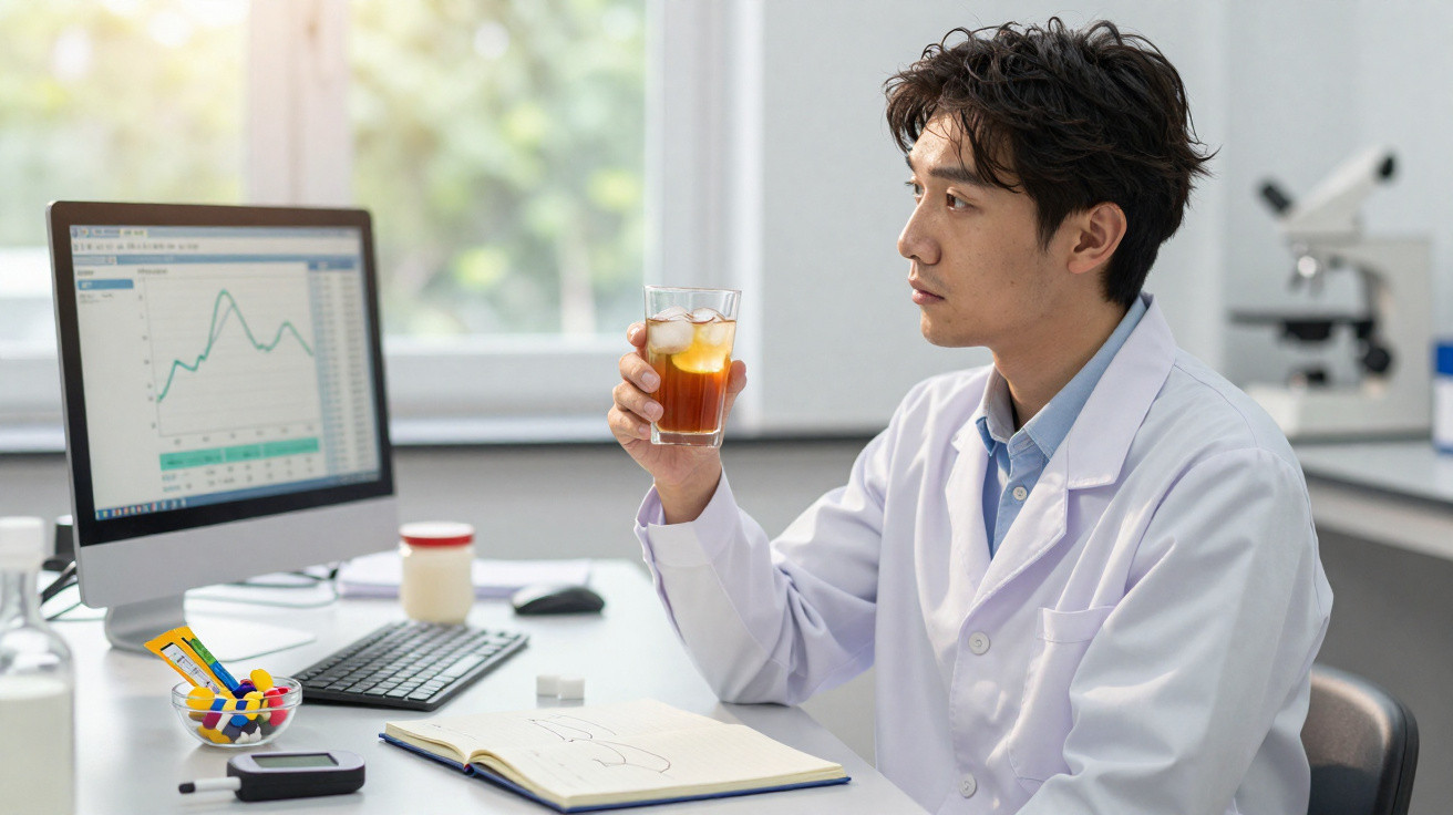 Homem em bata branca segura copo com bebida enquanto observa dados num gráfico no ecrã do computador.