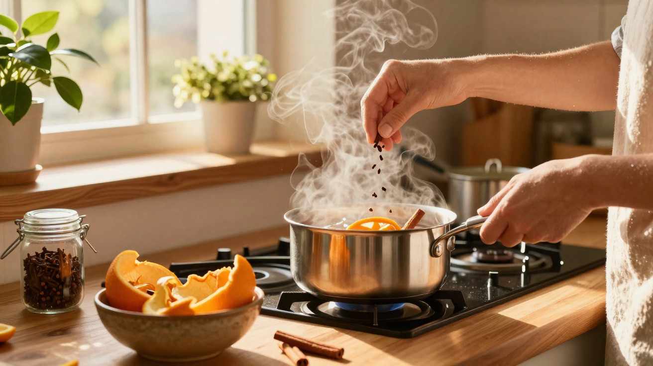Pessoa a cozinhar especiarias numa panela de inox com vapor numa cozinha iluminada.