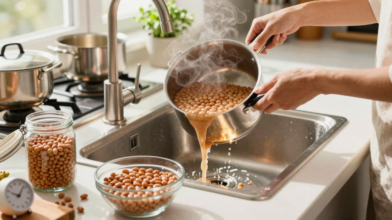 Pessoa a despejar água quente de feijão fervido num lava-loiça de cozinha moderna.