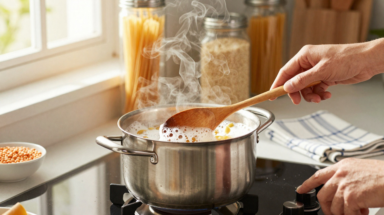 Panela a ferver com uma mão a mexer e outra a ajustar o fogão numa cozinha iluminada natural.
