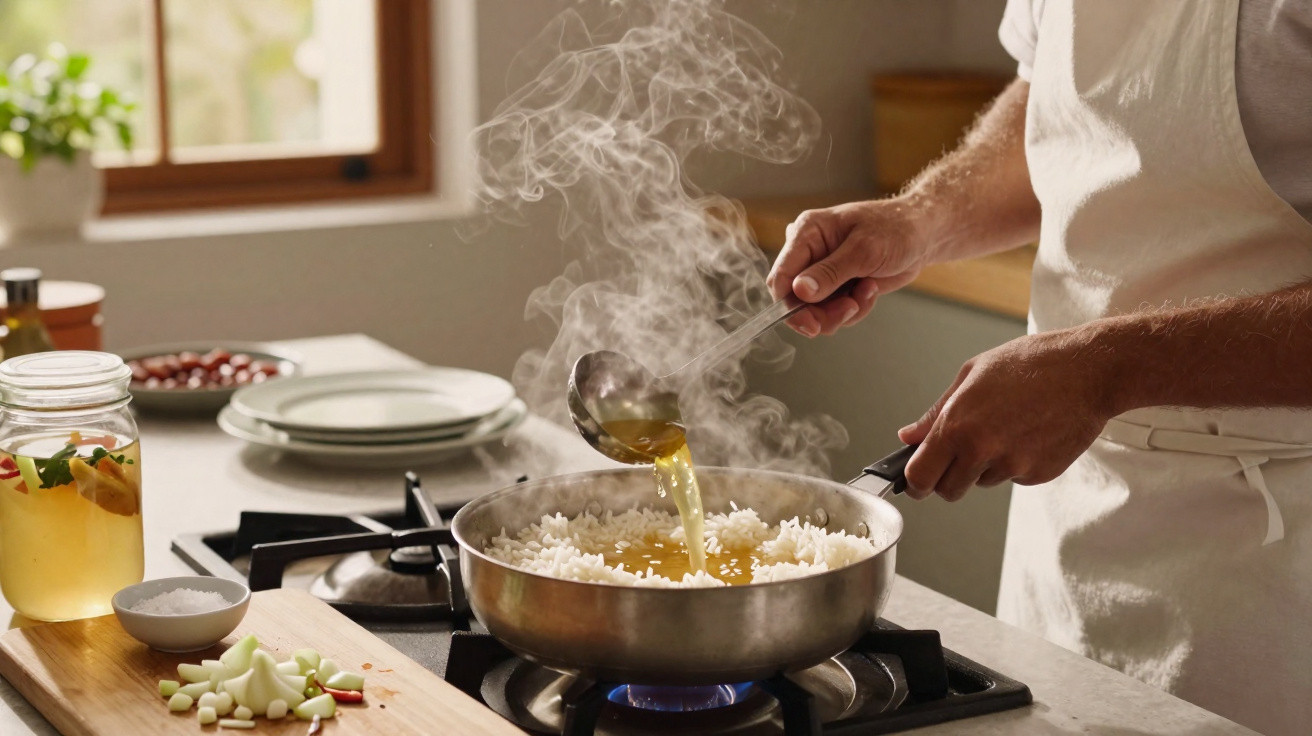 Pessoa a deitar caldo numa frigideira com arroz a cozinhar num fogão a gás numa cozinha iluminada.