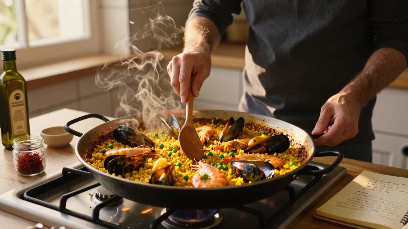 Pessoa a mexer paelha de marisco a cozinhar num fogão a gás numa cozinha com frasco de azeite junto e caderno de receitas.