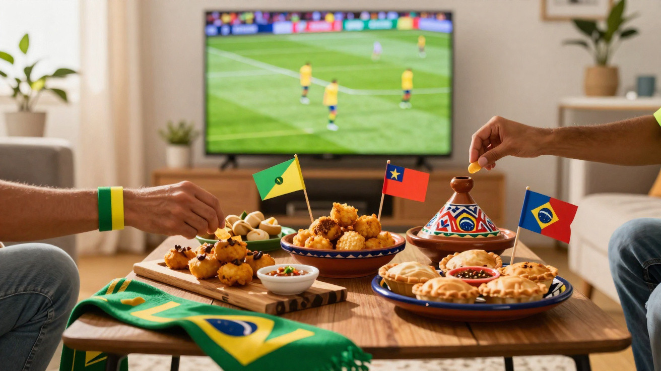 Mesa com petiscos e bandeiras de Brasil, Guiana e Chile, pessoas assistem a jogo de futebol na televisão.