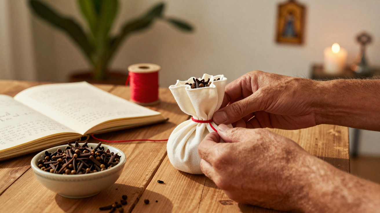 Mãos a fazer saquinho com tecido e cravinho, ao lado de caderno, carretel e tigela com cravinhos.