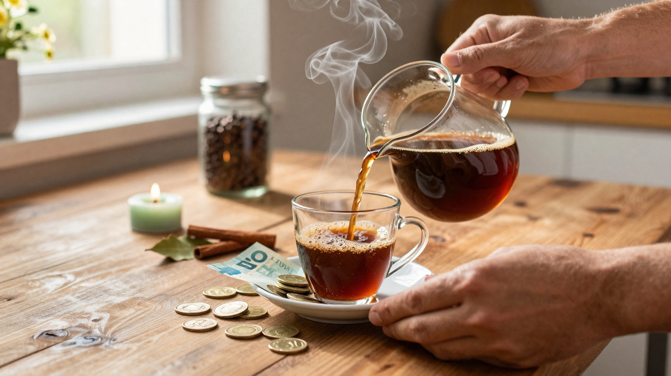 Pessoa a servir café quente numa chávena numa mesa de madeira com moedas, notas, vela acesa e frasco de café ao fundo.